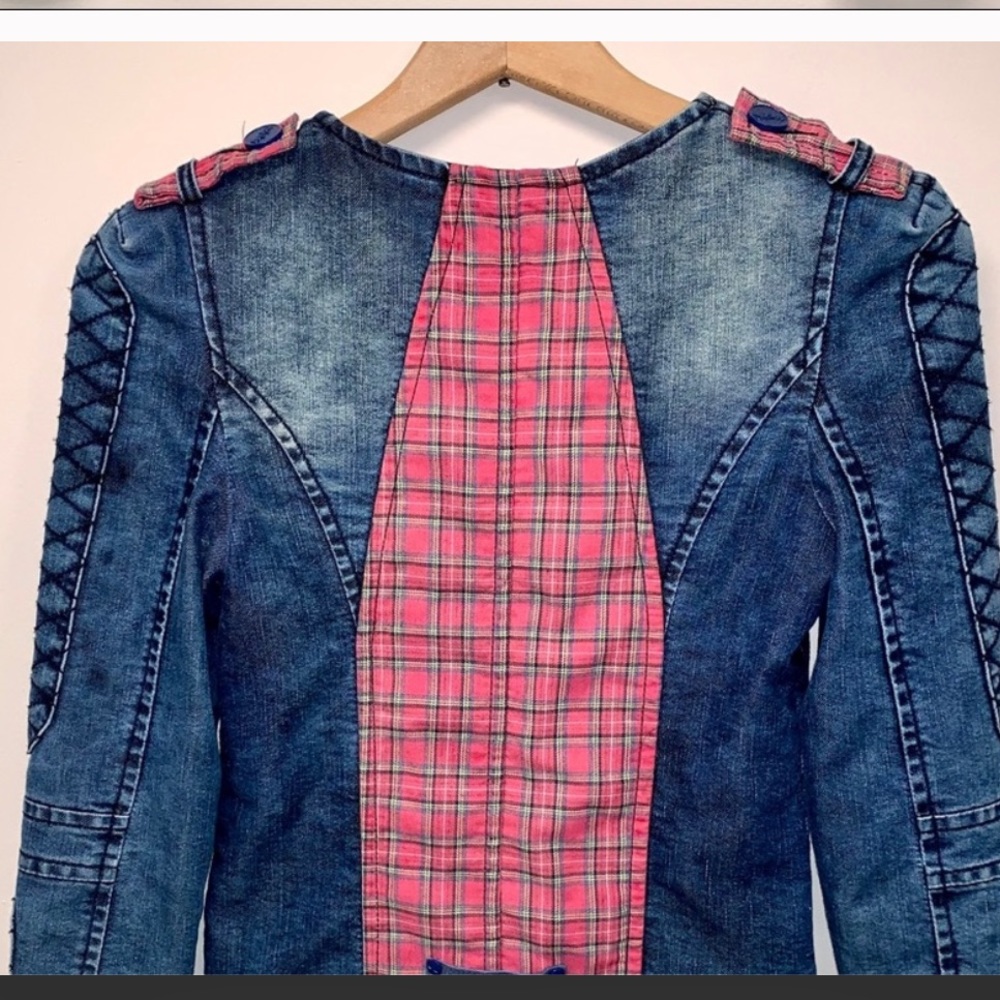 Mekdes Rare Asymmetrical Moto Jean Jacket W/Plaid